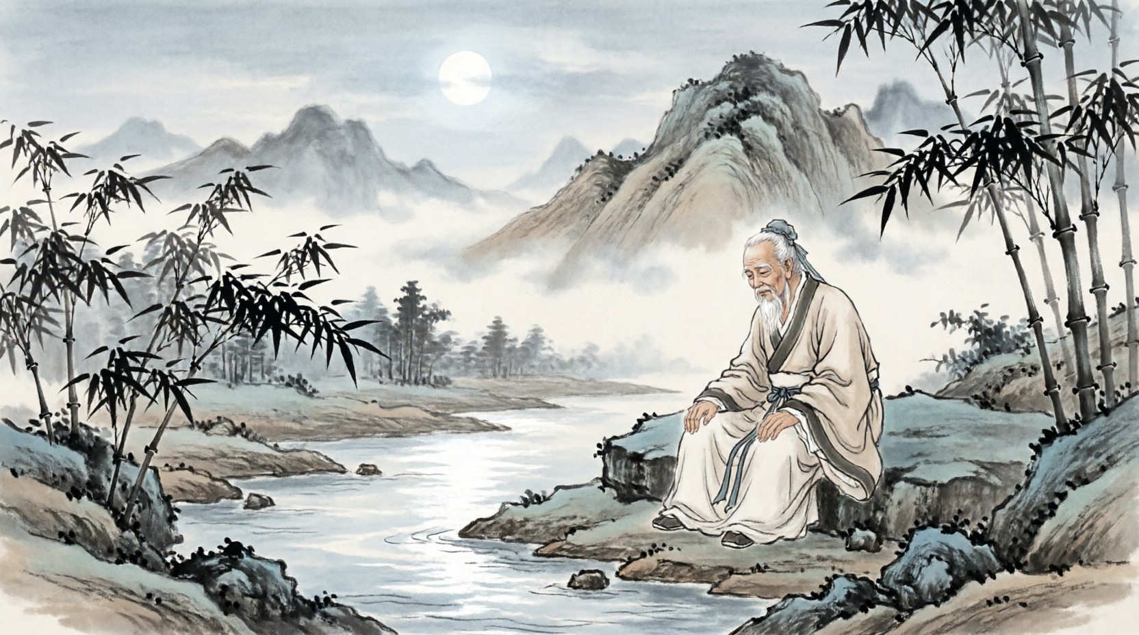 An open book of classical Chinese poetry beside a cup of tea and a sprig of chrysanthemum.